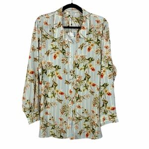 Rose & Olive Floral Stripe Button Down Blouse 2X NWT Lightweight Classic